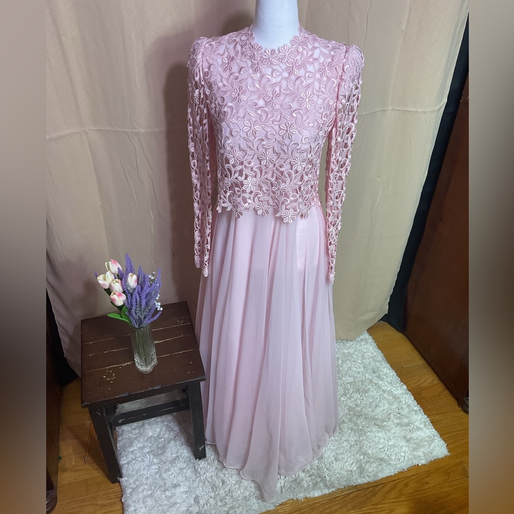 Jovani Vintage  Pink Floral Lace Long Sleeve Dress